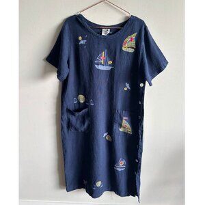 Blue-Eyed Bear Womens 100% Linen Dress Dark Blue Size Large